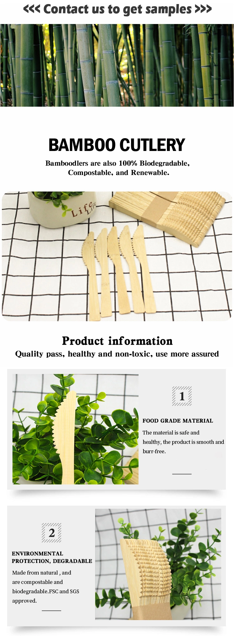 100% Natural Disposable Bamboo Cutlery 170mm Length Bamboo Knife Custom Printing for Restaurant