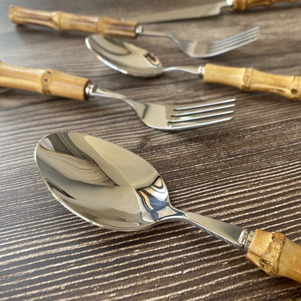 Natural Bamboo Handle Flatware Set 304 Stainless Steel Spoon Fork Knife Bamboo Handle Cutlery