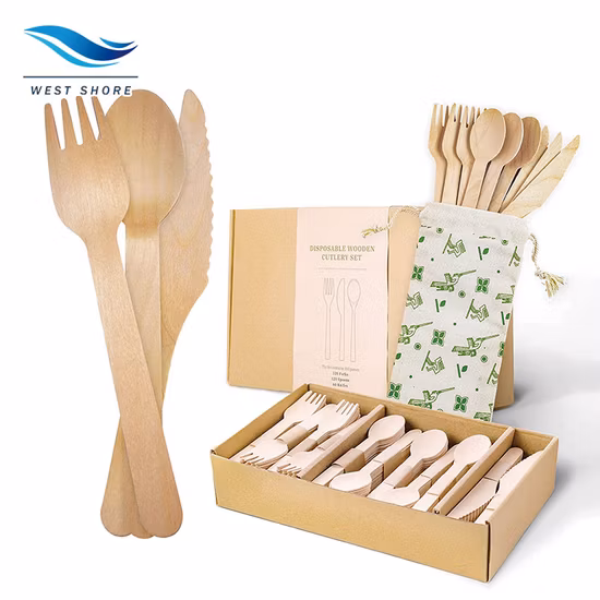 Disposable Wooden Spoons and Fork Environmentally Friendly Biodegradable Wood Tableware Cutlery Set