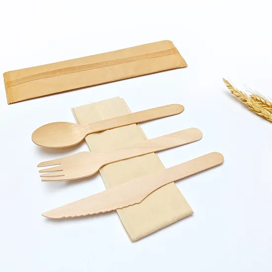 Disposable Wood Cutlery Sets of Spoon Fork Knife and Napkin 